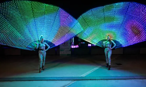 Two performers at the Credai Natcon Conference donning sparkling outfits
