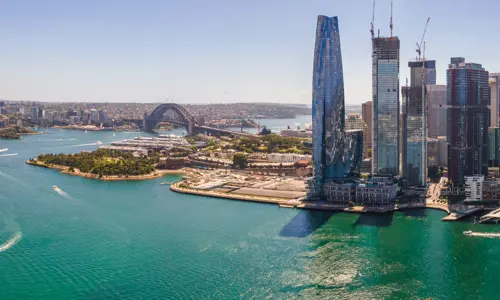 landscape view of Barangaroo towers from across the harbour