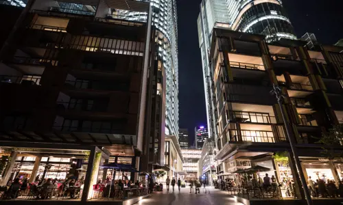 Bustling photo of Barangaroo precinct at night
