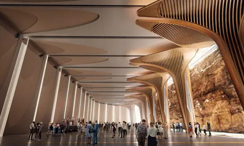 Artist render of guests interacting at The Cutaway, a unique below-ground concrete and sandstone space at Barangaroo