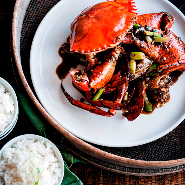 Aerial view of crab dish served at Mr Wong