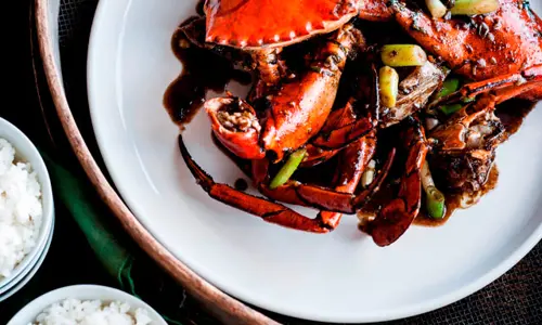 Aerial view of crab dish served at Mr Wong