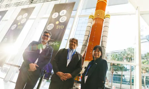 International Astronautical Congress 2025 Three Delegates Standing in Front of Space Shuttle