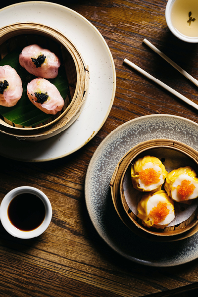 Aerial view of dumpling dishes served at Mr Wong