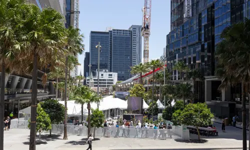 Outdoor event with people gathered among palm trees and high-rise buildings