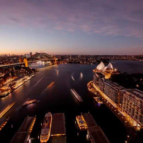Evening view of harbour bridge from Sydney skyscraper 